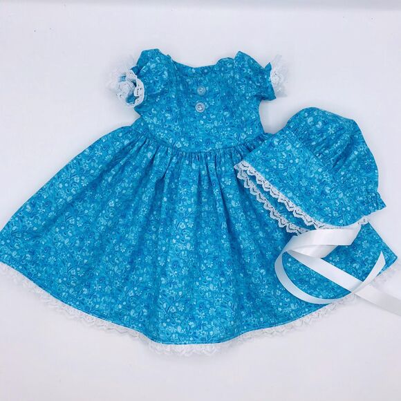Bright Blue W Lace Pioneer Doll Dress & Bonnet, Handmade Outfit, For 18" Dolls - Picture 1 of 9